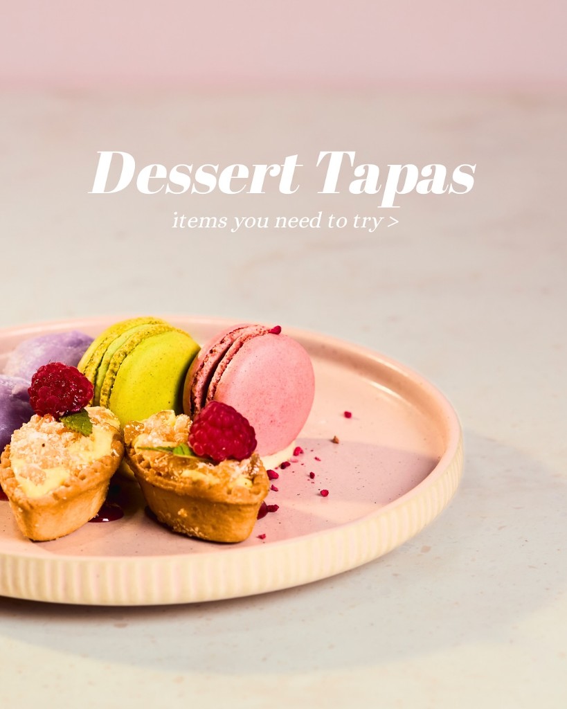 Dessert tapas promotional banner with pastel tarts and macarons