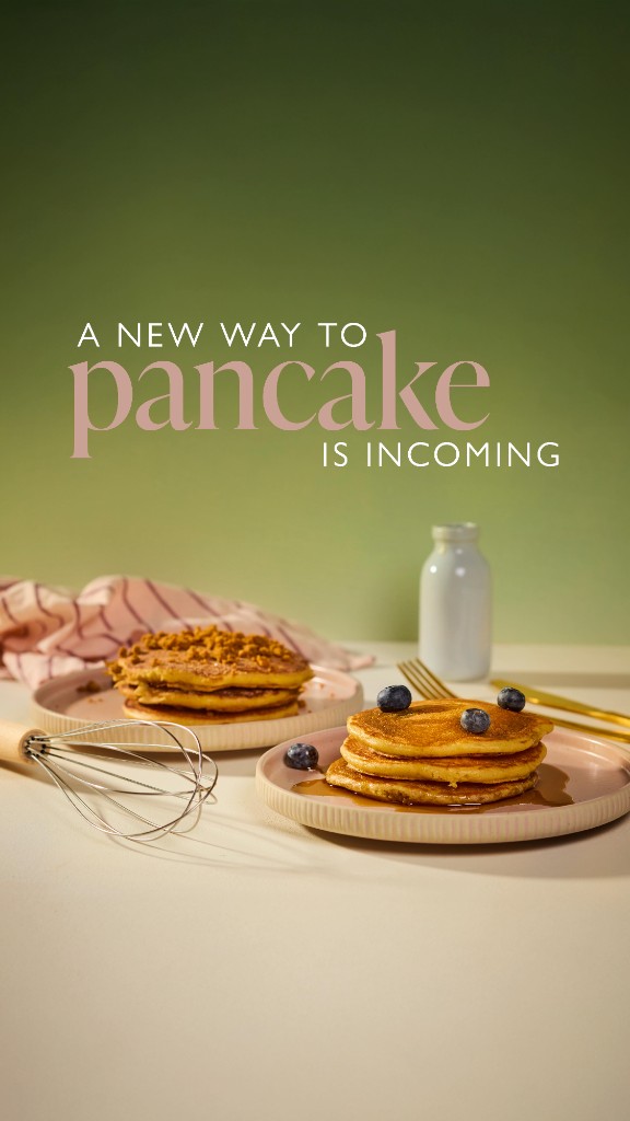 Promotional poster for new pancake service with sage background